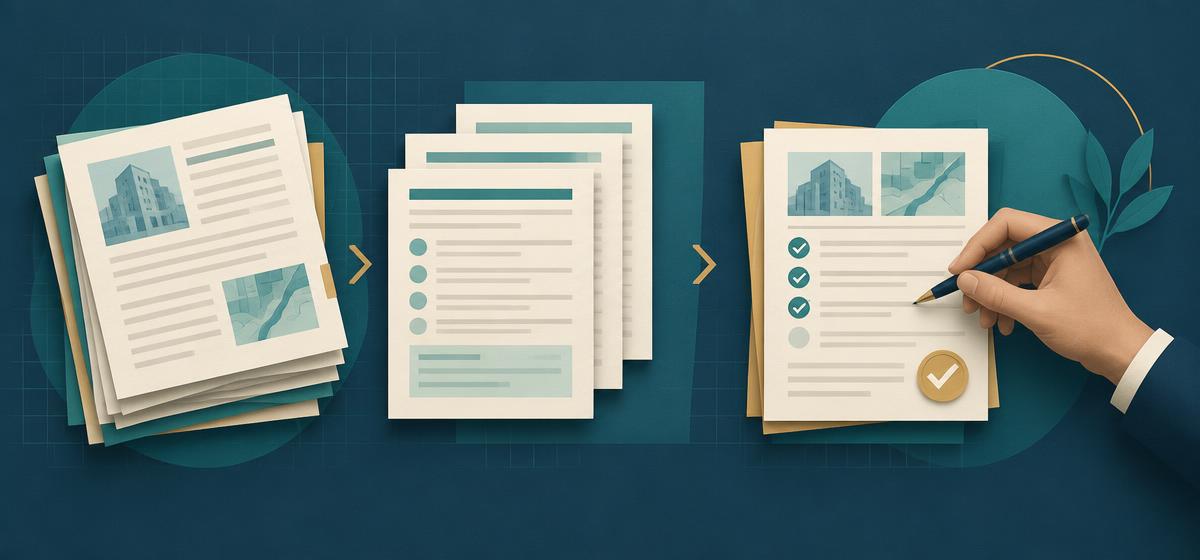 Source documents and a first-pass draft checked and approved by a person