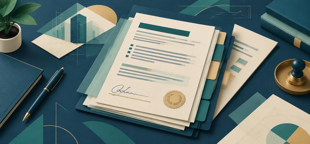 Layered agreement documents with reviewed clauses and an approval signature